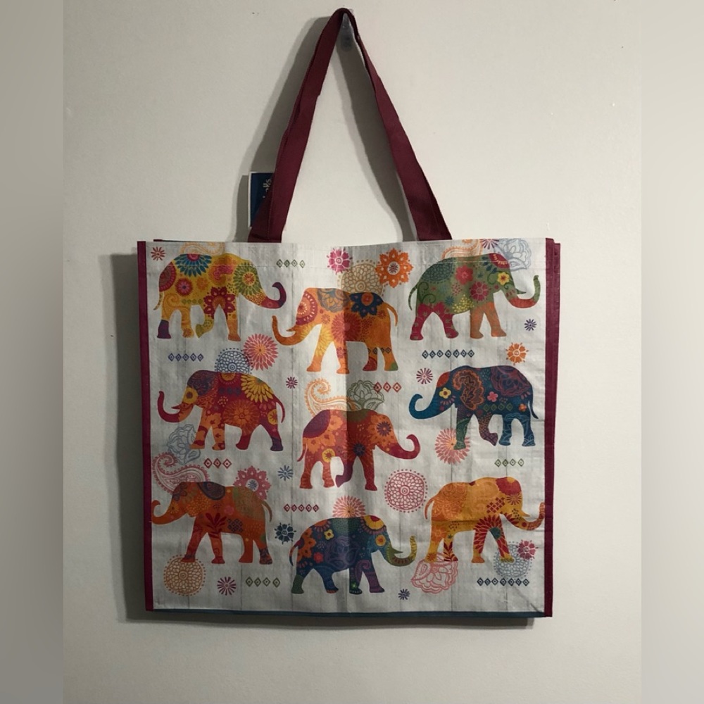 Tote Reusable shopping  bag  Elephants graphic waterproof. Big 18”x20”x7”